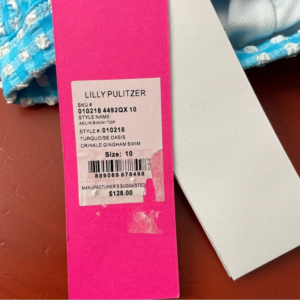 New Lilly Pulitzer Aelin Bikini Swim Top in Crinkle Turquoise Blue Oasis Gingham